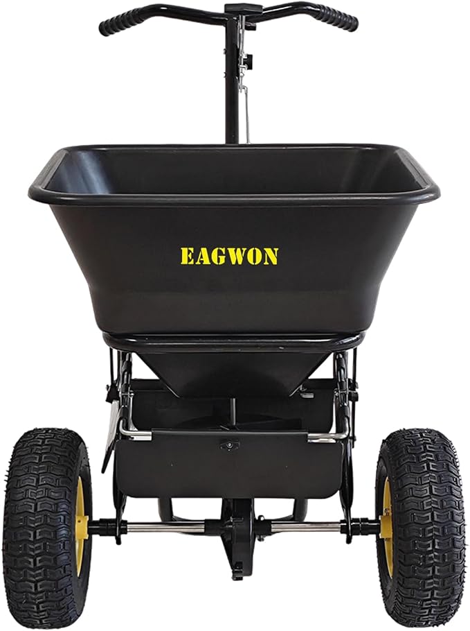 Walk-Behind Push Broadcast Spreader - Commercial All Season, 100lb Capacity, 13in All-Terrain Pneumatic Tires, Grate/Cover/Enclosed Gearbox Included, for Seed/Fertilizer/Salt/Snow Melt