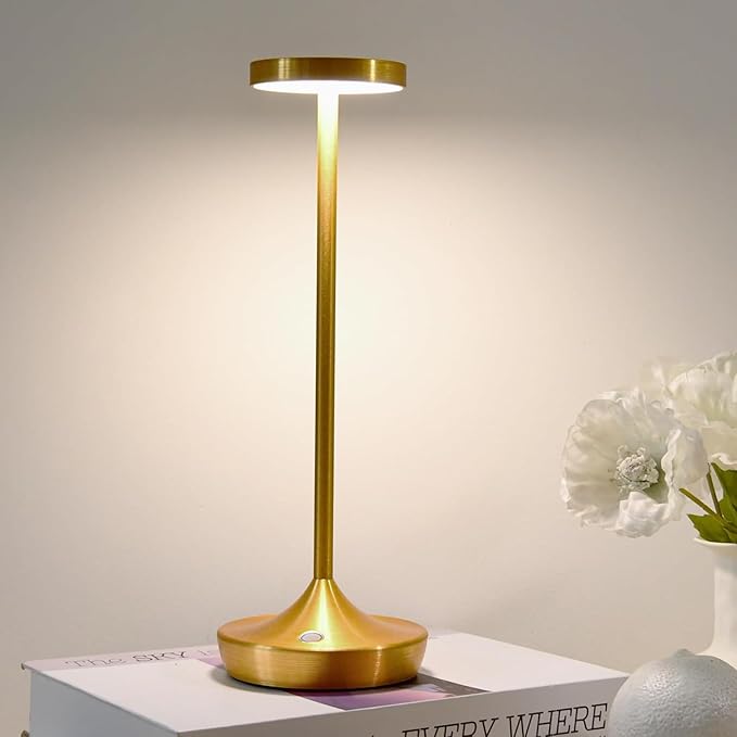 Gold Cordless Table Lamp, Rechargeable 6000mAh Battery LED Desk Lamp, Portable Metal Touch Lamp with 3-Level Dimming, Waterproof Light for Restaurant, Dining Table, Patio & Home Decor(Gold)