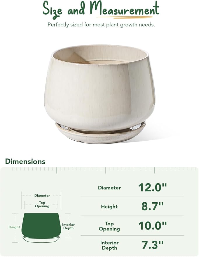 LE TAUCI 12 Inch Pots for Plants, Ceramic Planter with Drainage Hole & Saucer, Thick-Walled Ceramic, Planters for Indoor Plants, Ideal for Living Room & Entryway, Reactive Glaze Beige