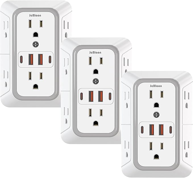 3 Pack Surge Protector Outlet Extender, 6 Outlet Splitter with 4 USB Ports (2 USB C), Multi Plug Wall Outlet 1050J Power Strip, USB Wall Charger for Home Office Kitchen Travel