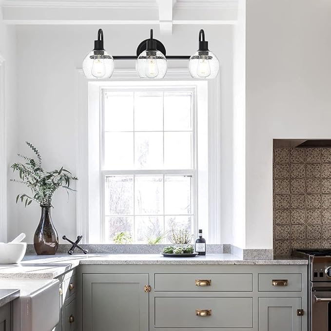 Modern 3-Lights Black Vanity Light Fixtures Farmhouse Metal Bathroom Lighting with Seeded Globe Glass for Hallway Kitchen Over Mirror Bedroom