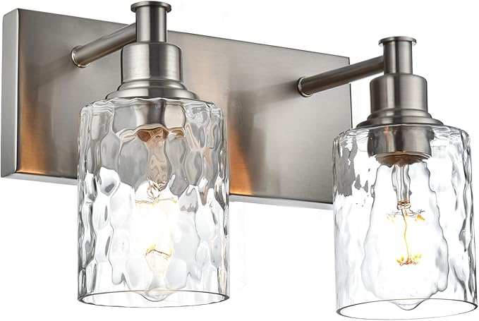 BONLICHT Modern Bathroom Light Fixtures in Brushed Nickel Finish, 2 Light Industrial Indoor Wall Sconce Farmhouse Vanity Lighting Over Mirror with Hammered Glass Contemporary Hallway Wall Mount Lamp