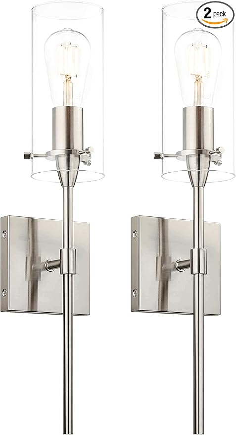 XiNBEi Lighting Bathroom Wall Sconces Set of 2, Modern 1 Light Brushed Nickel Wall Sconce with Clear Glass Indoor Vanity Sconces for Bathroom Hallway & Living Room