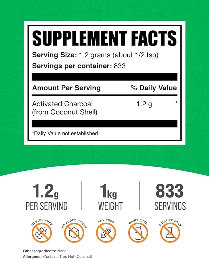 BulkSupplements.com Activated Charcoal Powder - from Coconut Charcoal, for Teeth Whitening - Vegan & Gluten Free, 1.2g per Serving, 1kg (2.2 lbs) (Pack of 1)