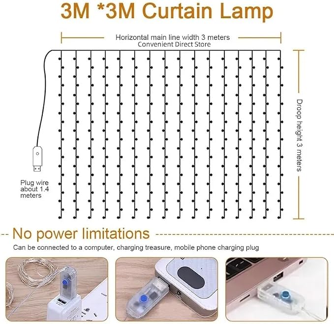 300 LED Warm White Fairy Curtain Lights – 3m USB Plug-in String Lights with Remote Control, 8 Modes for Indoor/Outdoor Use – Perfect for Bedroom, Weddings, Parties, and Holiday Decor (1, Colourful)