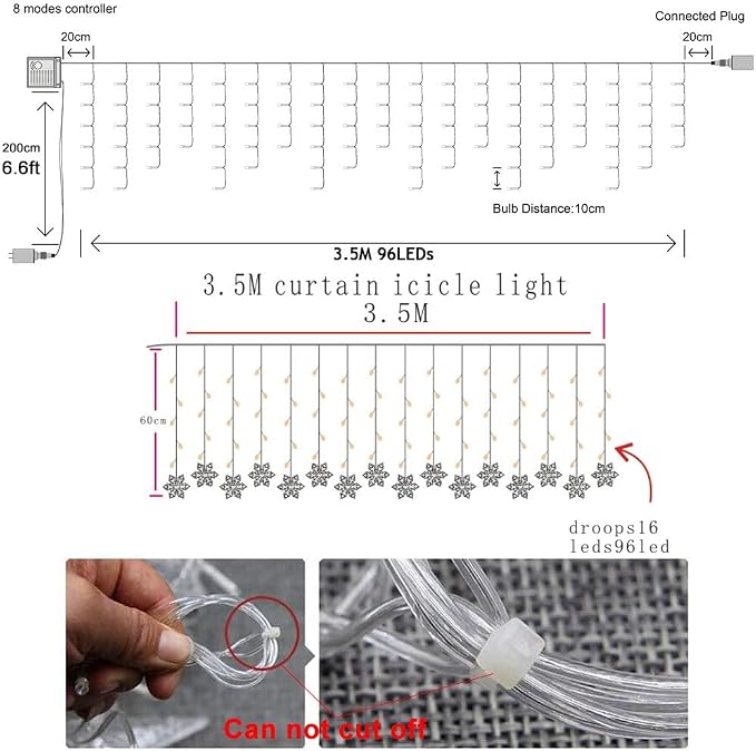 Lainin 12ft/3.5M USB Powered 8 Modes Snowflake Curtain Night Light Icicle Fairy String Light, Perfect for Christmas Wedding Holiday Garden Indoor/Outdoor Party Decoration - White