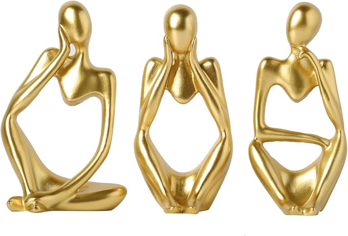 BrownLove 3pcs Golden Decor Thinker Statue Abstract Art Sculpture，Resin Collectible Figurines for Home Living Room Office Shelf Decoration
