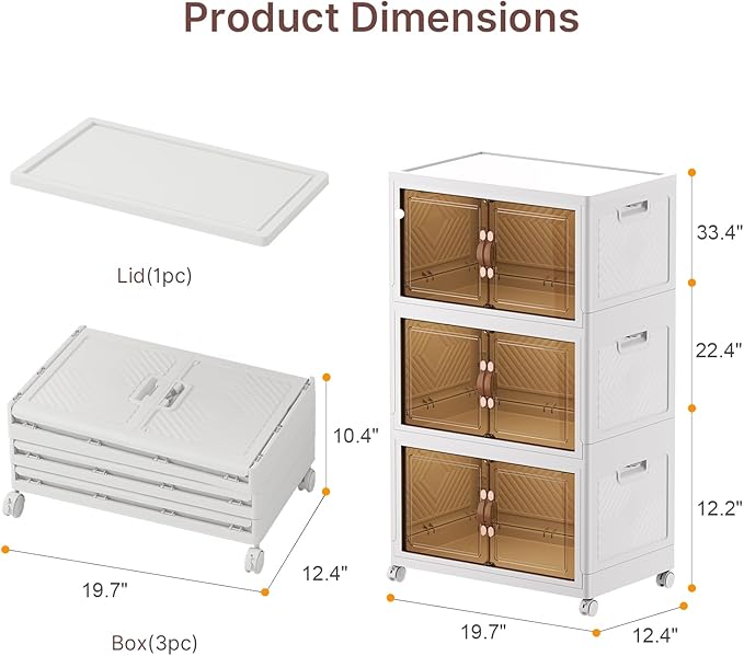 Stackable Storage Bins with Lids, Large Collapsible Storage Bins with Wheels, Plastic Cabinet with Doors, Foldable Closet Organizers for Home, Dorm, Office (White-55QT, 3Pack with 1Top Lid)