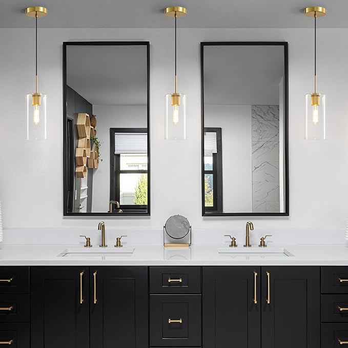 Modern Gold Glass Pendant Light: Cylinder Clear Glass Pendant Light over Kitchen Island Set of 2 - Simple Brass Hanging Lights with Short Tube - Height Adjustable Pendants Lighting Fixture for Bedroom
