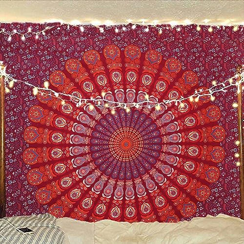 Bless International Handmade Indian hippie Bohemian Psychedelic Peacock Mandala Wall hanging College Dorm Beach Throws Table Cloth Bedding Tapestry (Blue Red, King(88x104Inches)(225x265Cms)) - color: Blue Red, size: 104"L x 88"W