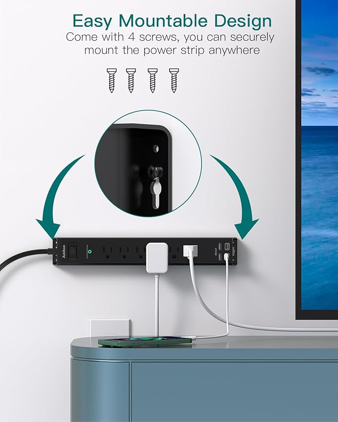 6Ft Power Strip Surge Protector - Addtam Extension Cord with 6 AC Outlets and 4 USB (2 USB-C) Ports, 1875W/15A, Wall Mount, Multi Plug Outlet Extender for Home Office College Dorm Room Essentials