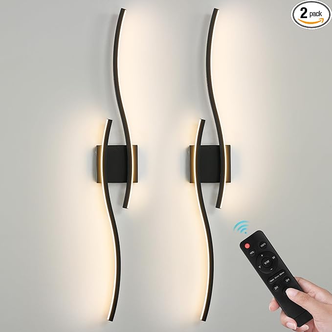 WOSHITU Black Battery Operated Wall Sconces: 39 Inch Rechargeable Sconce Wall Lighting Set of Two with Remote & 3CCT Dimmable, Modern Cordless Wall Light for Bedroom Living Room Hallway Bathroom