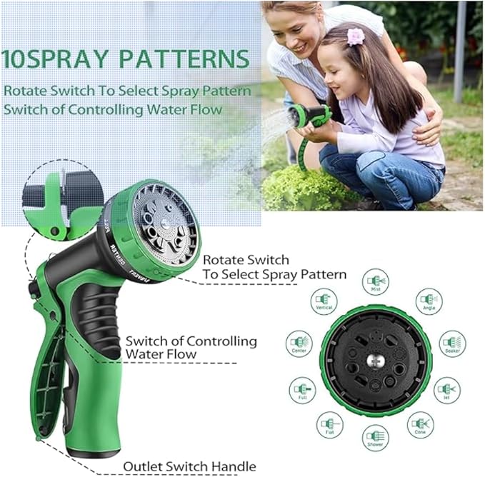 J&B XpandaHose 75ft Expandable Garden Hose with Holder - Heavy Duty Superior Strength 3750D - 4 -Layer Latex Core - Extra Strong Brass Connectors and 10 Spray Nozzle w/Storage Bag (Green 75)