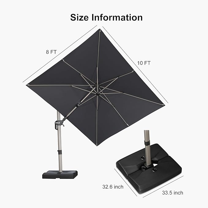 PURPLE LEAF 8' X 10' Left-right Tilting Patio Umbrella with Base Outdoor Swivel Cantilever Offset Aluminum Umbrella with Champagne Frame and 360-degree Rotation for Garden Deck Pool, Grey
