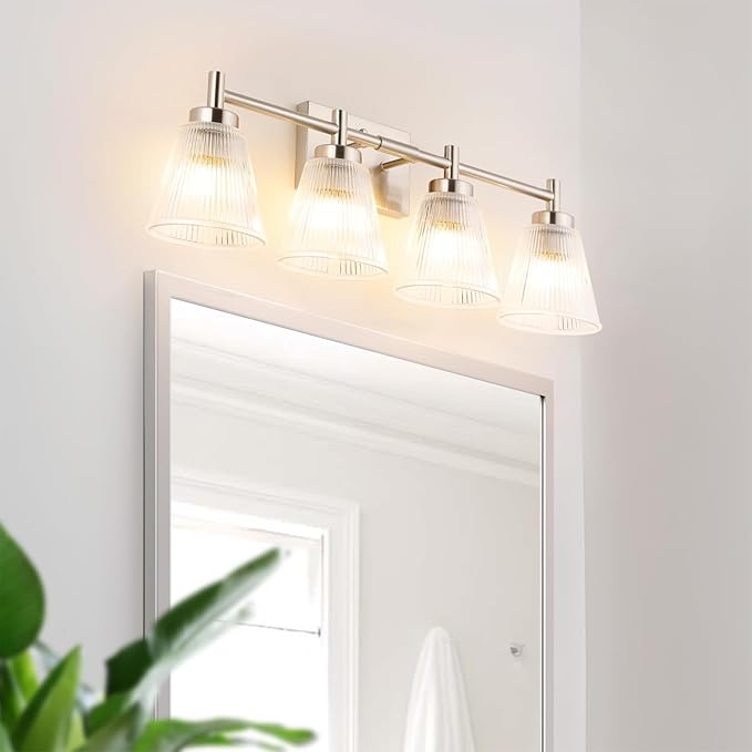 OCIOC 4-Light Vanity light fixtures, Brushed Nickel Vanity lights over mirror makeup light wall sconces with clear Striped glass shade, Bathroom lighting fixtures for Living room, Bedroom, Kitchen