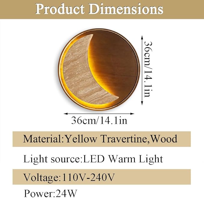 14.1 Inch Round Wood Wall Light, Industrial Style Natural Yellow Travertine Wall Lamp, Hardwired Interior Wall Sconces, Bedroom Living Room Wall Mounted Lighting Fixtures