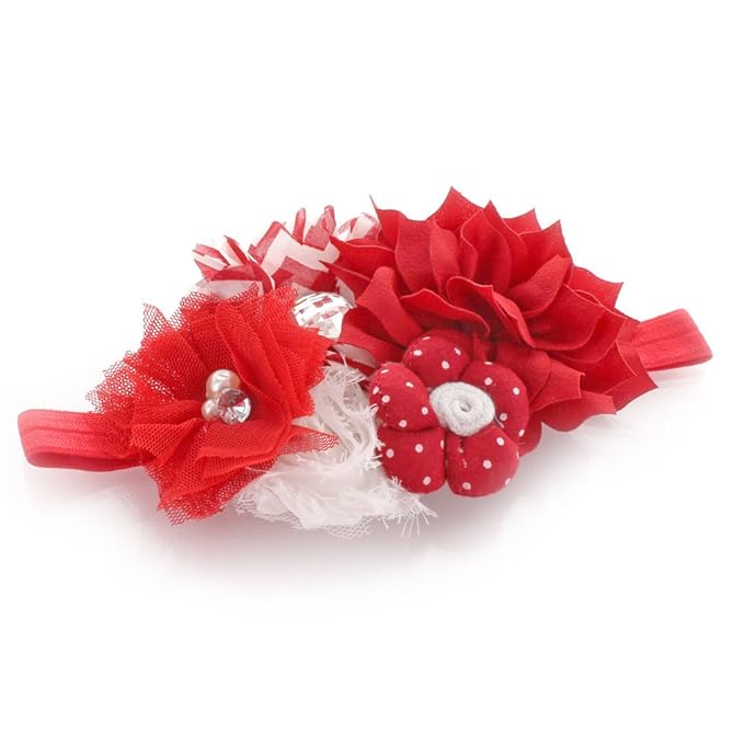 My Lello Headband Shabby Fabric Flower Cluster Baby - Infant - Toddler - Girl Stretchy Elastic White/Red Chevron