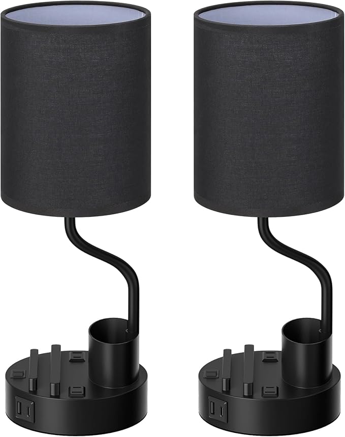 Black Bedside Table Lamps for Bedroom Set of 2 - Nightstand Light with AC Outlet and USB A & C for Charging, 3 Color Temperatures Desk Lamp with Pen Holder & Phone Stand for Living Room/Dorm/Office