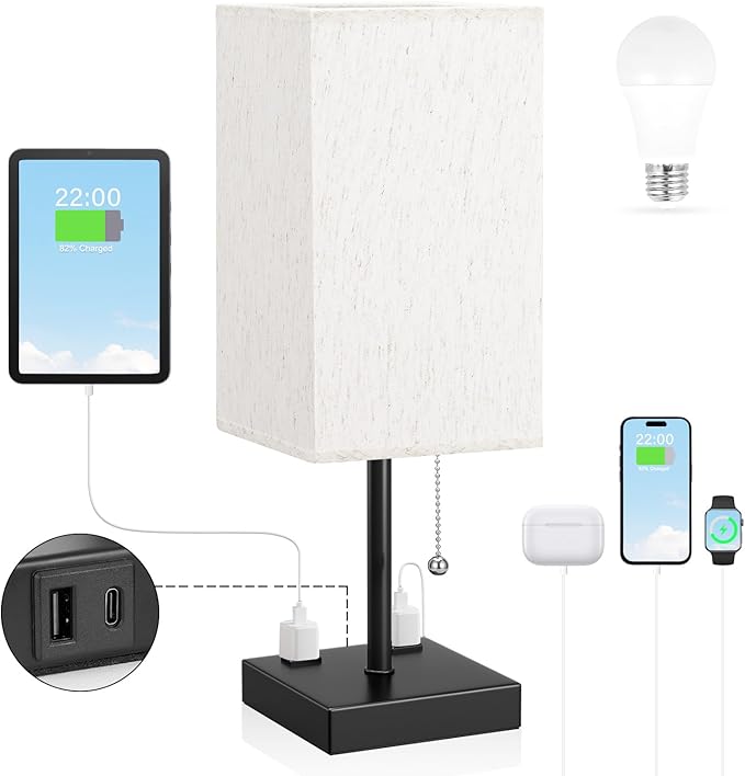 aooshine Medium Table Lamp with USB Ports - 3 Color Temperature Bedside Lamp for Bedroom, Pull Chain Control, USB A and C Ports, 2 AC Outlets, Bulb Included