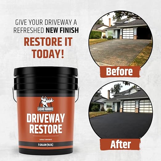 Liquid Rubber Driveway Restore Sealant - Highly Flexible Asphalt Coating Fills Cracks and Revitalize, Kit- Includes 5 Gallon Sealer, 1 Gallon Asphalt Patch, 4 x Crack Filler 10.2 oz, Patio Cleaner 1G