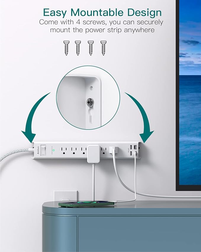 Power Strip Surge Protector with USB C - Flat Plug Extension Cord with 6 AC Outlets 4 USB (2 USB C), Wall Mount, 5ft, 900 J, Multi Plug Outlet Extender for Home Office Dorm Room Essentials