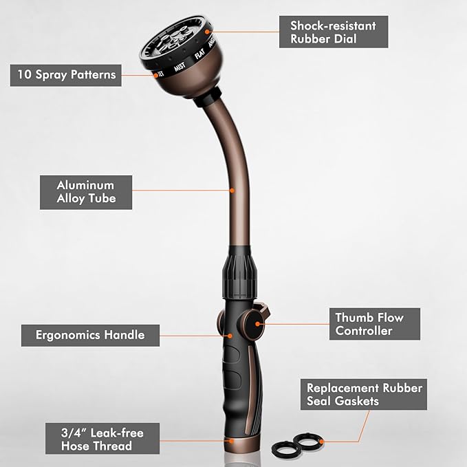 RESTMO Watering Wand, Heavy Duty Metal Garden Hose Wand with Thumb Flow Control, 15-Inch Long Hose Nozzle Sprayer with 10 Spray Patterns, Ideal to Water Hanging Baskets and Shrubs, Oil Rubbed Bronze