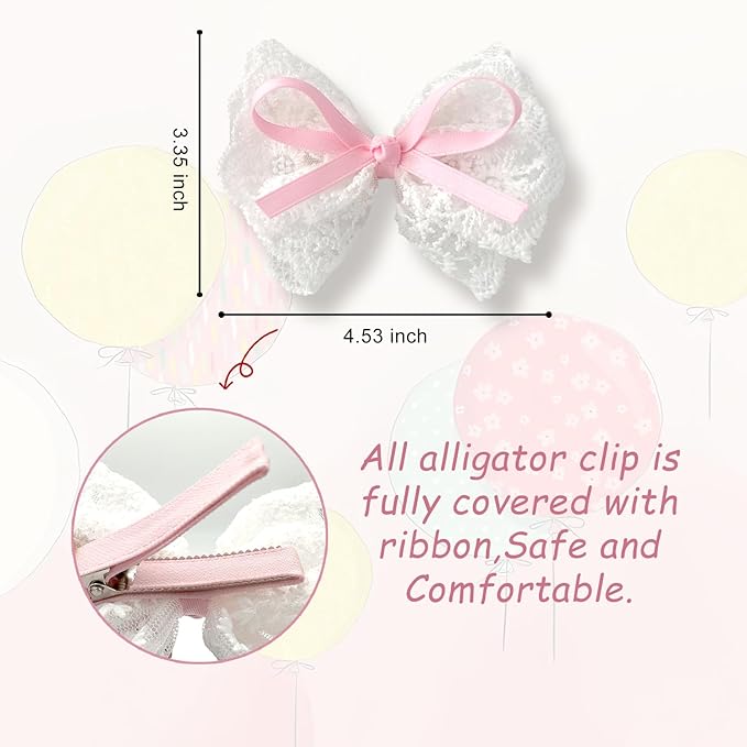 2pcs Lace Hair Bows for Girls, White Lace and Pink Hair Ribbons, Alligator Bow Hair Clips, Handmade Hair Accessories for Girls