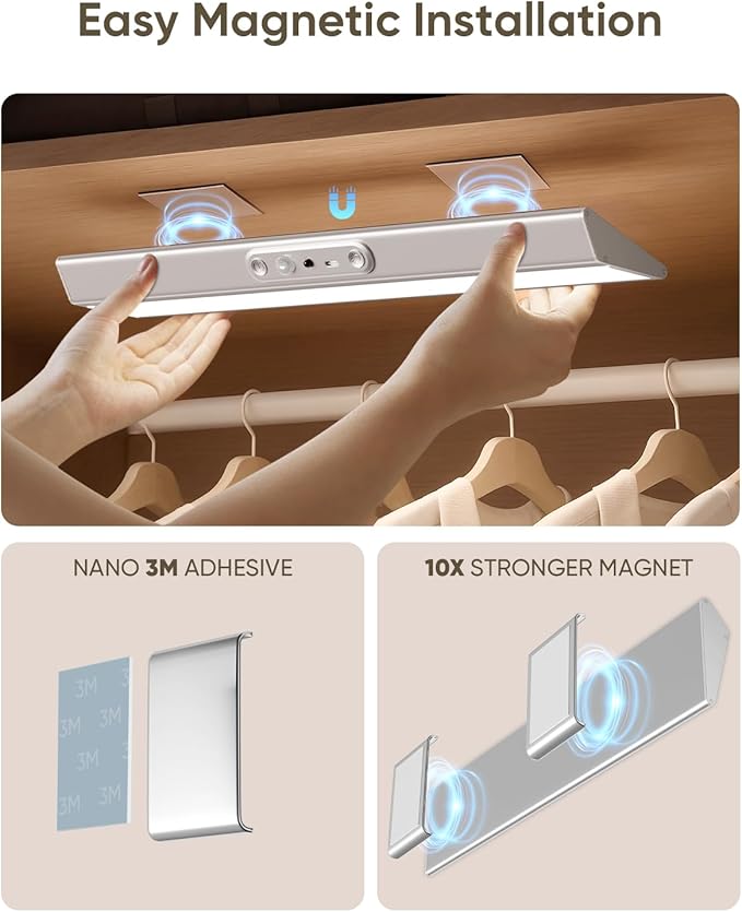 Motion Sensor Closet Lights, Eye Protection Design Cabinet Lighting Wireless with Remote, 3 Color Temps & Dimmable, Magnetic, Rechargeable LED Closet Lighting for Kitchen, Wardrobe, Pantry