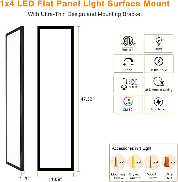 Black 1x4 LED Flat Panel Light Flush Mount 4-Pack, 3000K/4000K/5000K Selectable, Ultra-Thin Surface Mount LED Ceiling Light for Kitchen, Triac Dimmable, Bright 4400LM, 100-277V