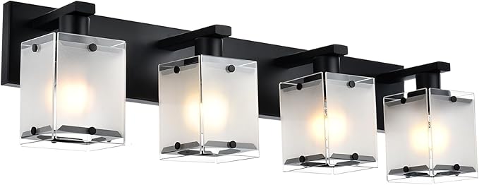 4-Lights Bathroom Vanity Lighting Over Mirror, Black Bathroom Wall Light Fixtures with Frosted Rectangular Glass Shade for Bath Living Room, E26 Bulb Base