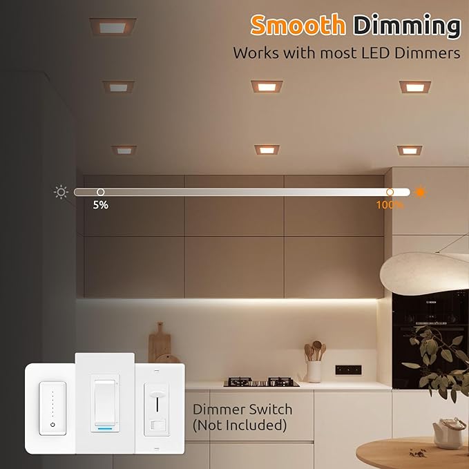 HONZIN Square LED Recessed Lighting 4 Inch, 5CCT Ultra Thin Led Recessed Ceiling Lights 6 Pack, Selectable 2700K/3000K/3500K/4000K/5000K, 9W, IC Rated, Dimmable Square Black Trim with Junction Box