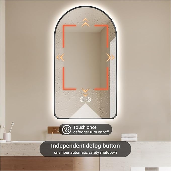 32" x 20" Arched LED Bathroom Mirror, Black Framed, Backlit Vanity Mirror with Lights, Wall Mounted Lighted Mirror, Dimmable 3-Color Shatter-Proof Arch Smart Mirror, UL-Listed, CRI≥93