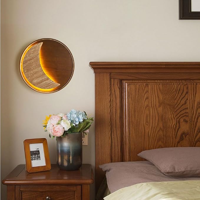 14.1 Inch Round Wood Wall Light, Industrial Style Natural Yellow Travertine Wall Lamp, Hardwired Interior Wall Sconces, Bedroom Living Room Wall Mounted Lighting Fixtures