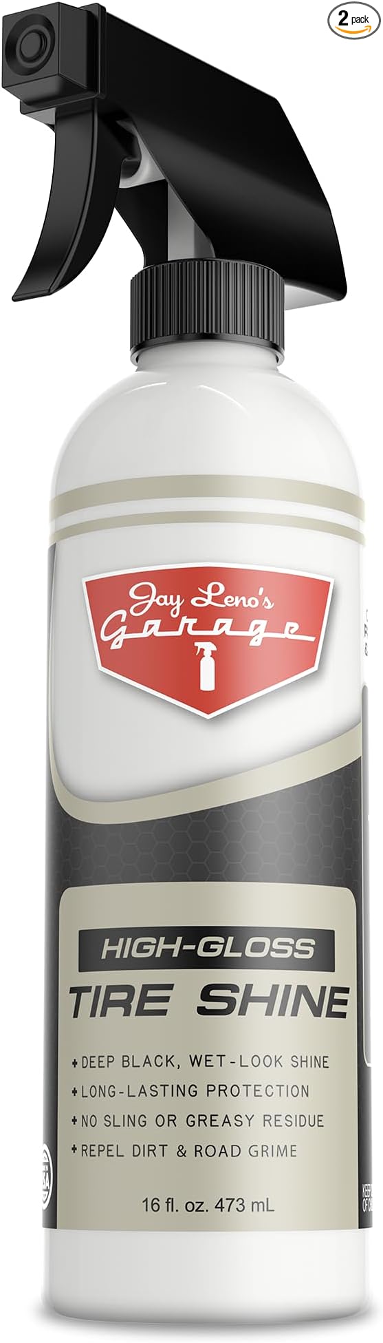 Jay Leno's Garage Tire Shine Delivers long-lasting High Gloss with a Deep Black Wet Look Glow. This Tire Dressing Spray and Car Tire Shine Work as Auto Detailing Care for Wheels and Tires – 16 oz.