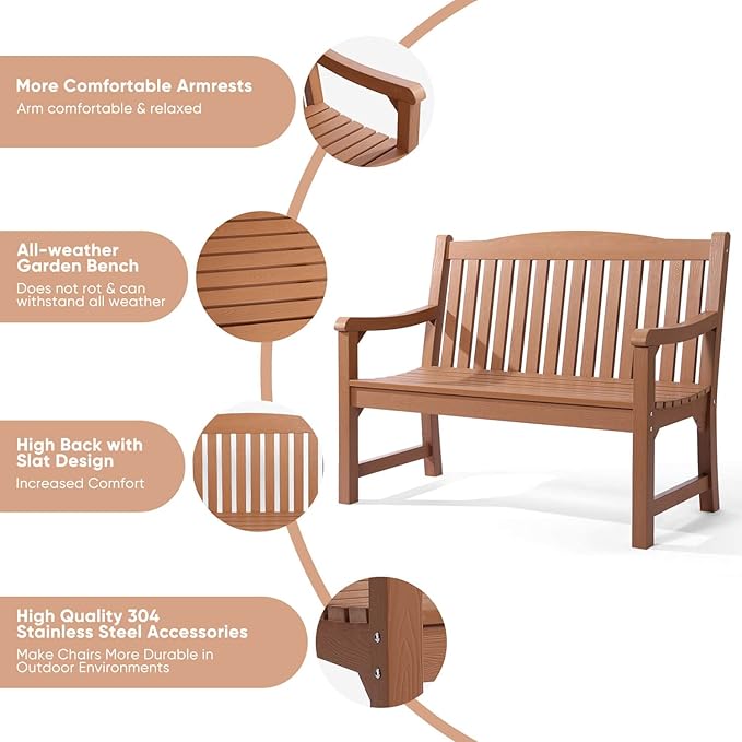 Outdoor Bench, All Weather Resistant Poly Lumber 2-Person Weatherproof Patio Garden Bench, Will not Rot and Fade, Outside Bench Suit for Garden, Porch,Balcony, Poolside, Park - Teak