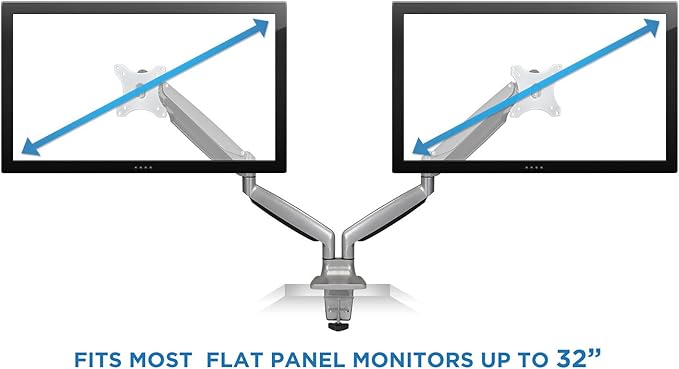 Mount-It! (MI-1772) Dual Monitor Arm Mount Desk Stand Two Articulating Gas Spring Height Adjustable Arms | Fits Up To 32" VESA 75 100 Compatible Screens | C-Clamp and Grommet Bases (Silver)