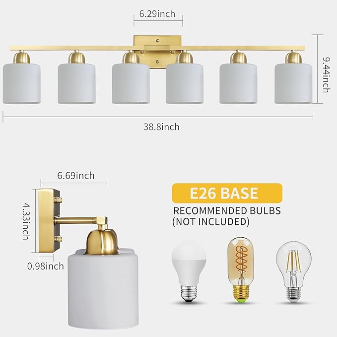 6 Light Gold Bathroom Vanity Light for Large Mirror, Gold Vanity Lights for Bathroom with Milky White Frosted Glass Shades, 38 inch Wall Lamp for Mirrors Living Room E26 Base