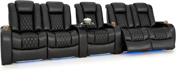 Seatcraft Diamante Zero-Gravity CoolZero Italian Leather Home Theater Seating, Power Headrest, Power Recline, Row of 5 Dual Loveseats, Black