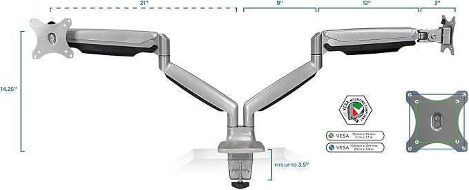 Mount-It! (MI-1772) Dual Monitor Arm Mount Desk Stand Two Articulating Gas Spring Height Adjustable Arms | Fits Up To 32" VESA 75 100 Compatible Screens | C-Clamp and Grommet Bases (Silver)