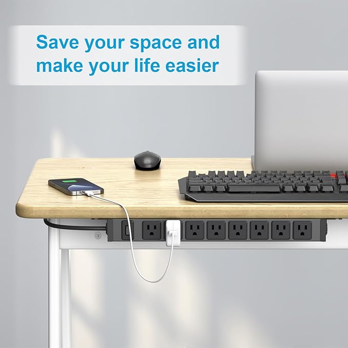 HHSOET Metal 360° Rotating Mountable Power Strip, 8 Outlet Gaming Table Mounted Outlet Strip, Heavy Duty Wall Mount Surge Protector with Switch, 15A 125V 1875W, 10ft Power Cord.(Black)