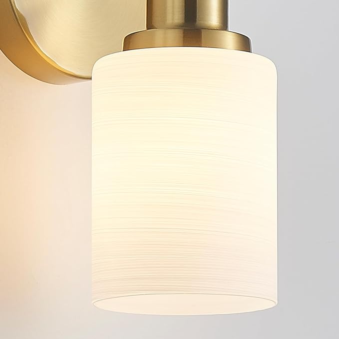 8-Light Vanity Lights, Brushed Gold Bathroom Light Fixture with Striped Textured Milky White Glass Shade, Modern Vanity Lighting Fixture for Bathroom Wall Light Over Mirror, E26 Wall Sconce