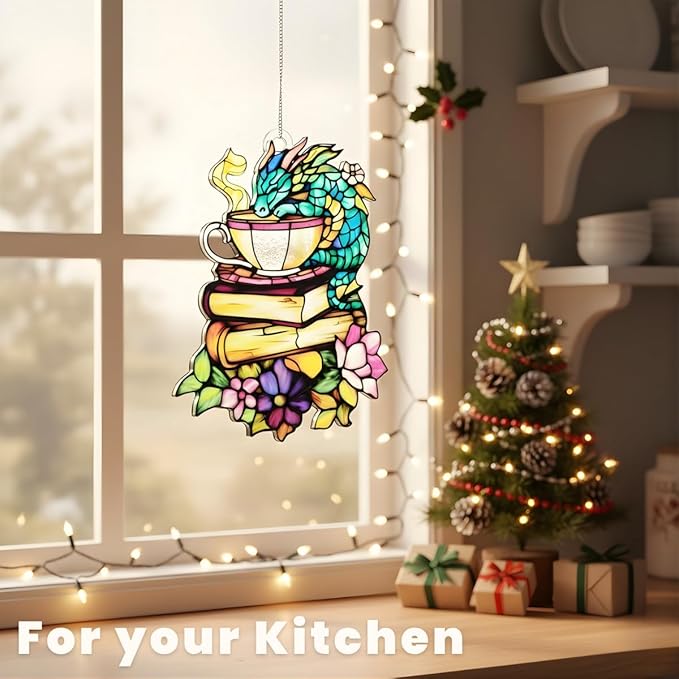 Floral Bookshelf Christmas Ornament Bookish Acrylic Suncatcher Stained Glass Effect Window Hanging for Book Lover Reading Nook Decor Gift for Librarian Readers