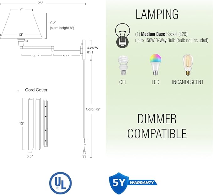 Kira Home Cambridge 15" Modern Swing Arm Wall Sconce with Golden Bronze Empire Fabric Shade, 2-in-1 Plug in or Hardwired Wall Lamp with 3-Way Switch, Black Finish