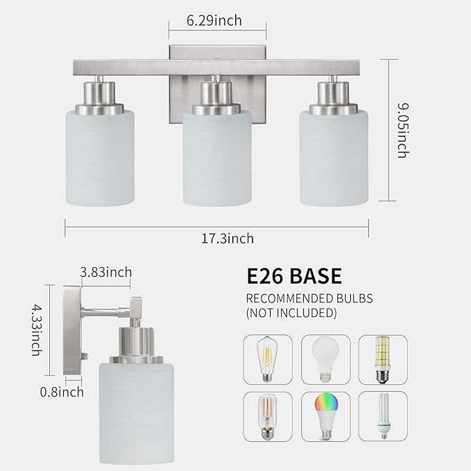 3-Light Bathroom Light Fixtures, Nickel Vanity Light, Modern Bathroom Wall Lights Over Mirror, Farmhouse Wall Sconces Lighting for Bedroom Living Room