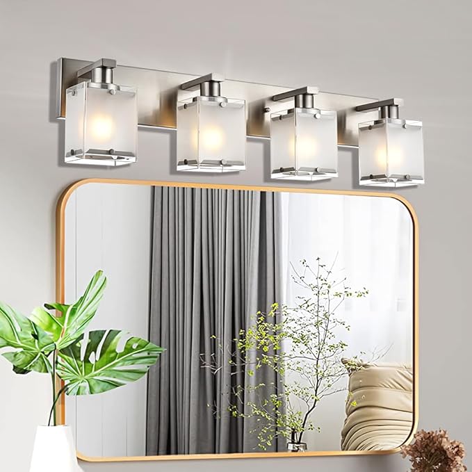 4-Lights Bathroom Light Fixtures Over Mirror, Brushed Nickel Vanity Wall Mounted Lighting with Frosted Glass for Kitchen Living Room, E26 Bulb Base
