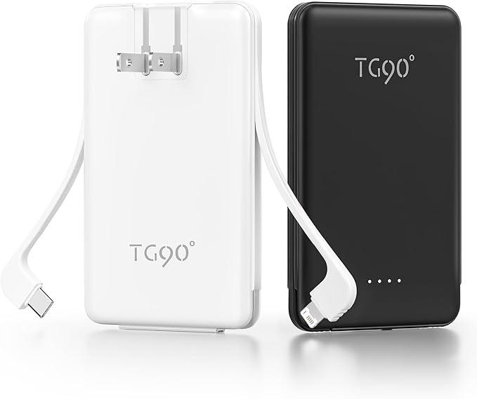 TG90° 2 Pack 5000mAh Portable Charger,Small Power Bank Built-in AC Plug and Cables,Pocket Size USB C External Battery Pack Compatible with iPhone 17 16 15 14 Samsung Google iPad,Black & White
