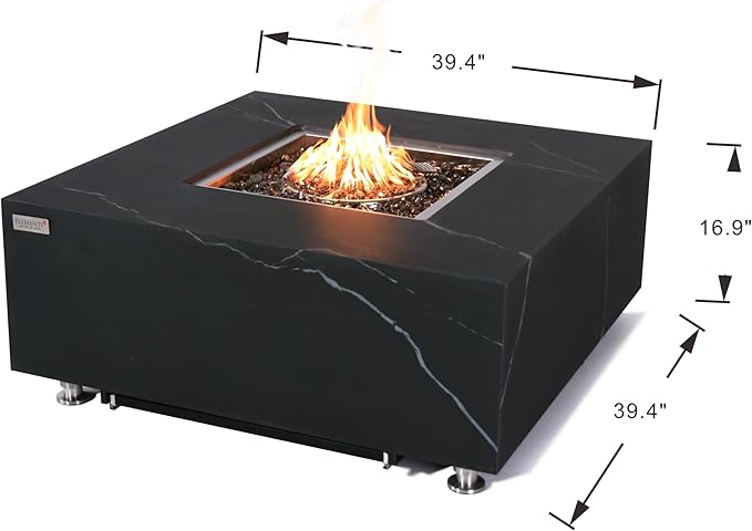 Elementi+ | Sofia Gas Fire Pit | Marble Porcelain & Metal Frame | 40" Square Fire Table | Electronic Ignition | Canvas Cover, Fire Glass & Burner Lid Included | Black | Propane Gas
