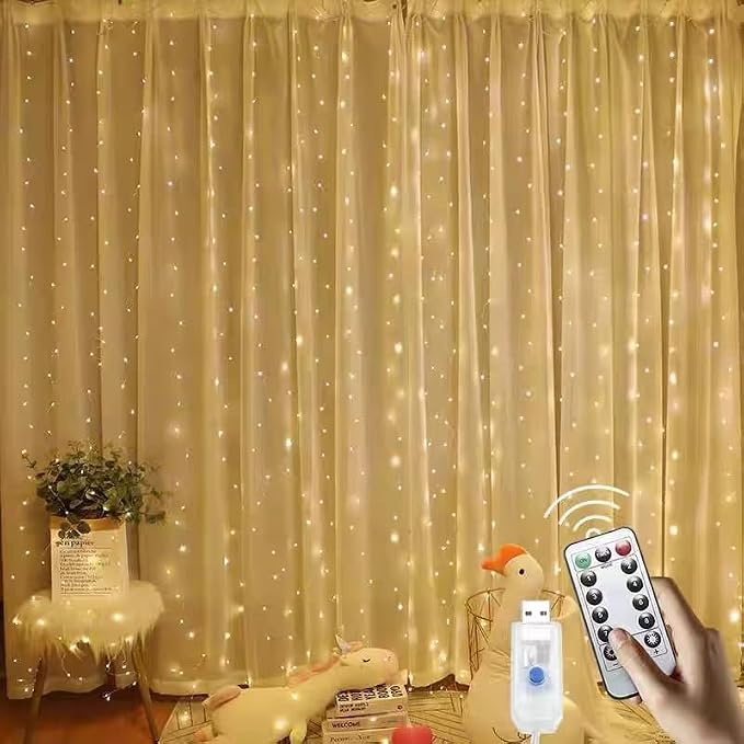 200 LED Warm White Curtain Light for Party/Wedding/Festival/Christmas,Window Blinking String Light for Bedroom/Living Room,USB Plug with 8 Modes(Battery not Included)