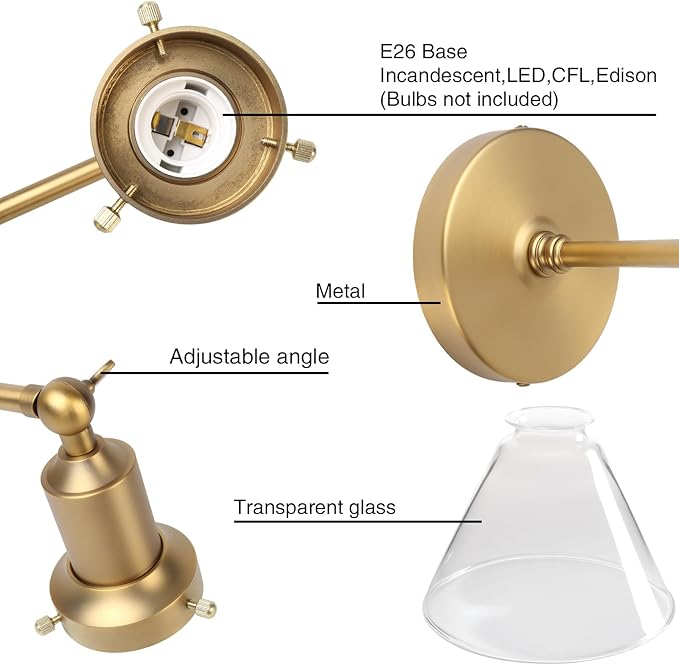 PERMO Industrial Vintage Slope Pole Wall Mount Single Sconce with Funnel Flared Clear Glass Shade Wall Sconce Light Lamp Fixture Hardwired (Antique Gold)