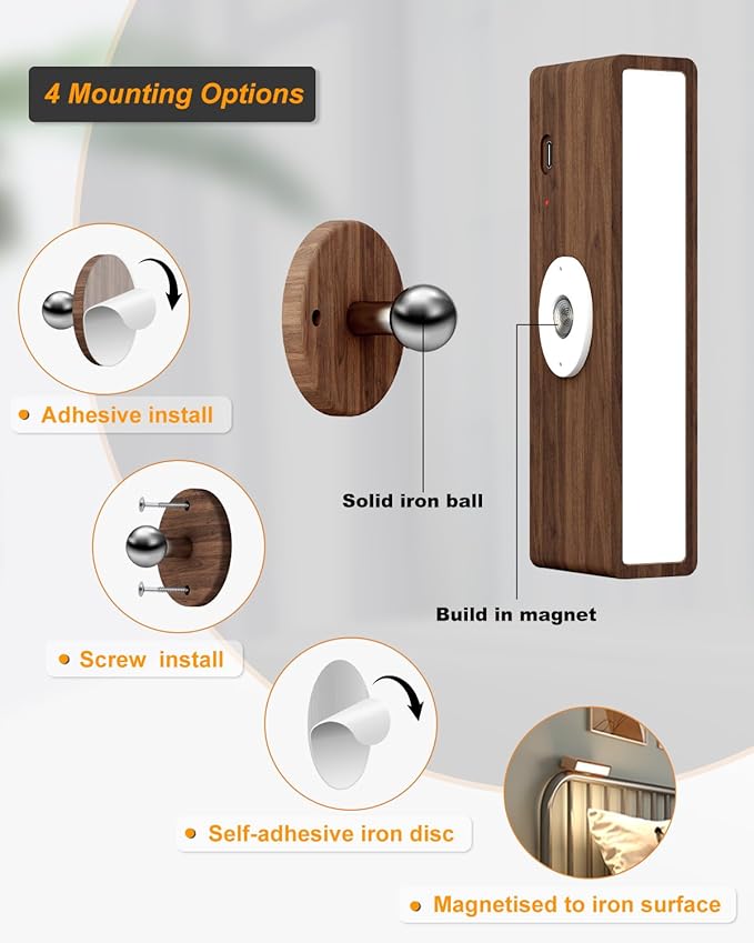 DetarZinLED Wooden Wall Lights Battery Operated with Remote,Rechargeable Wall Sconce for Bedroom with 3 Color Temperature, Magnetic, Stick-On, Dimmable Wall Reading Lights (Walnutwood, 1 Pack)